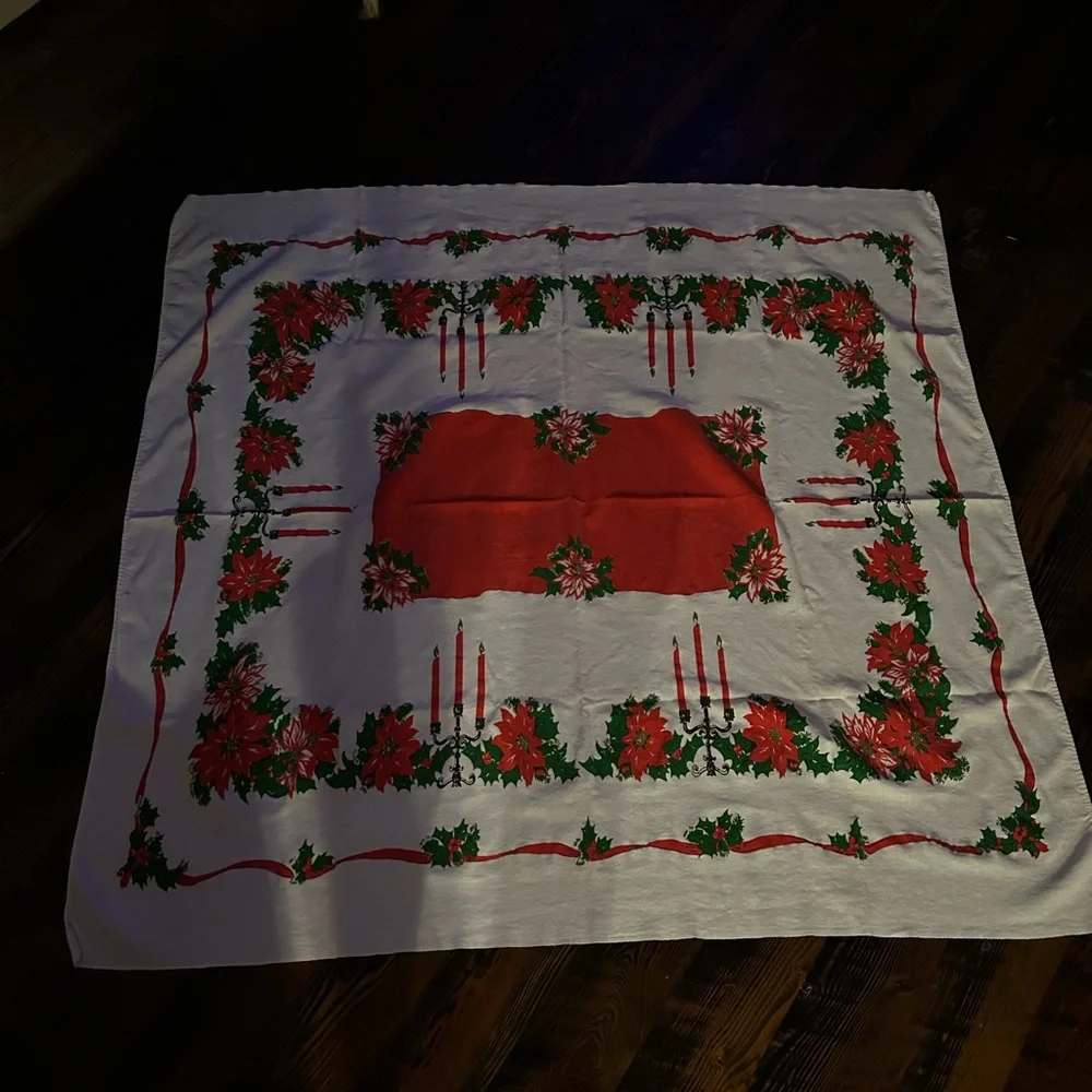 Festive Holiday Table Runner with Red Poinsettias Estate item vintage tablecloth